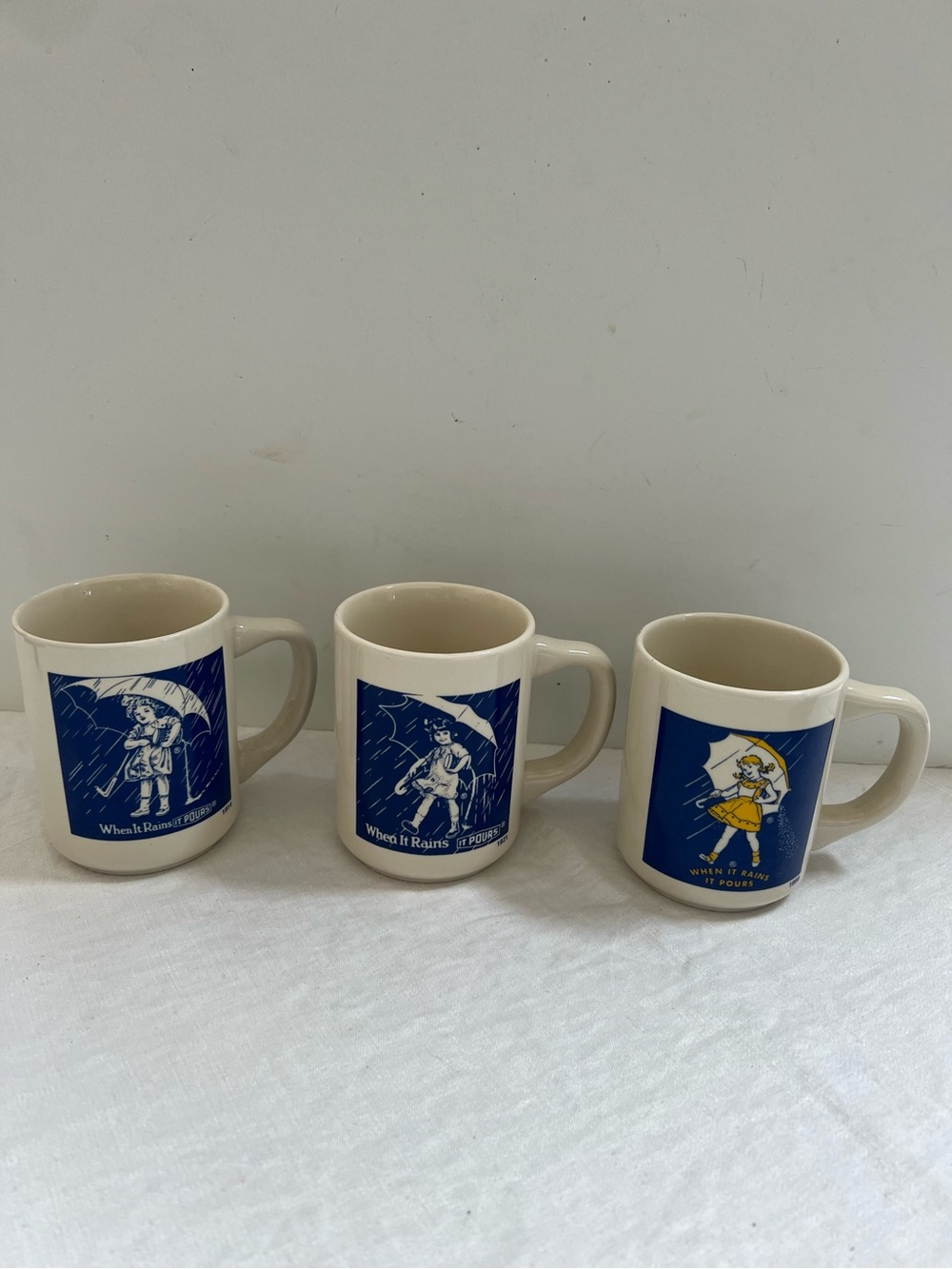 Morton Salt Coffee Cup Mugs (3) 1914 1921 1956 When It Rains It Pours Umbrella